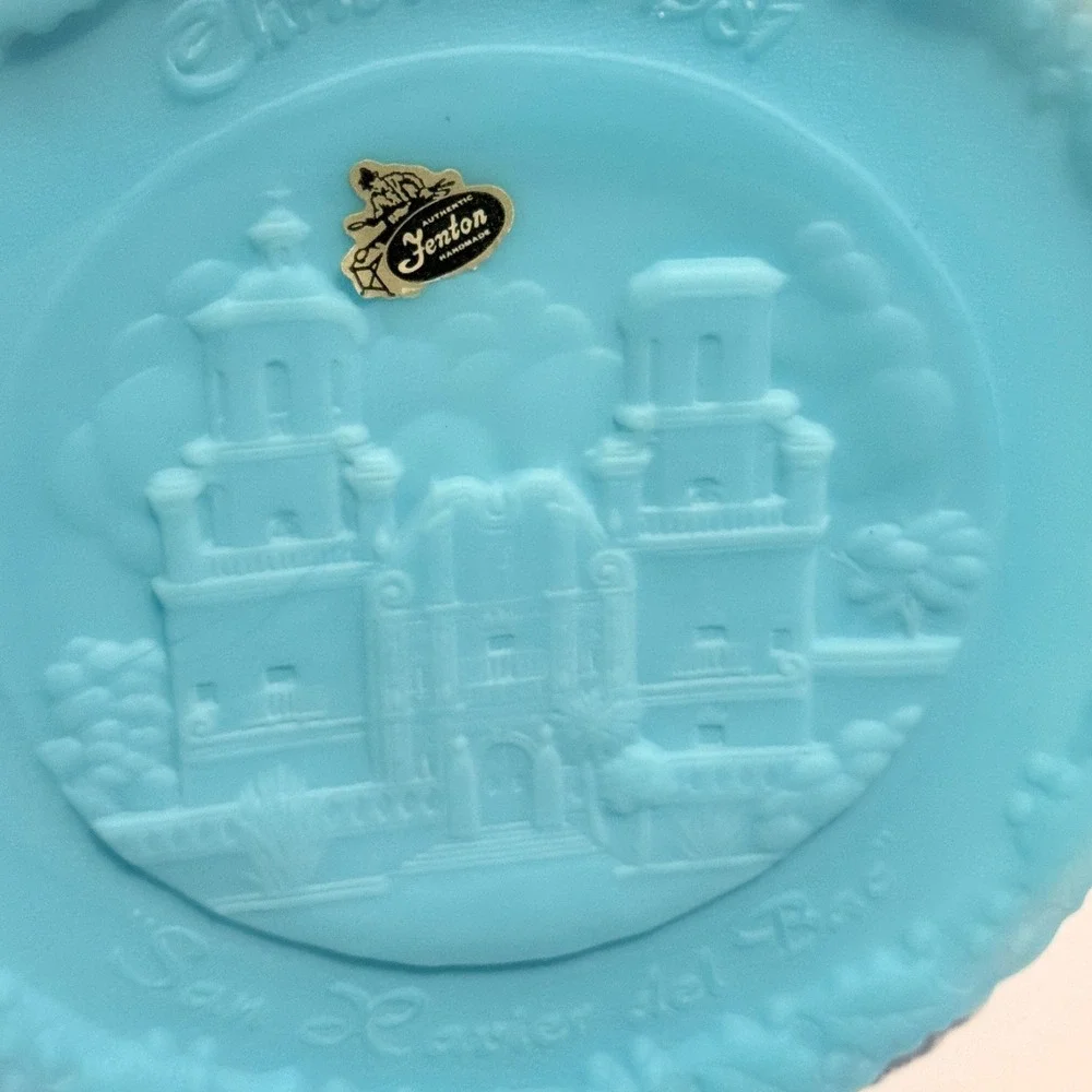 Fenton Blue Satin Glass Christmas 1981 San Xavier del Bac Mission Plate #12 8in